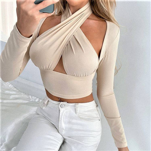 Cross-Neck Loose T-Shirt With Shoulder Sleeves Hollow Top